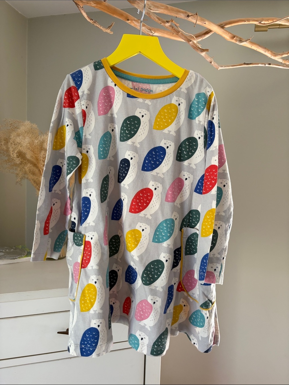 Mini Boden Multicolor Bird Print Kids tunic with Yellow Trim and pockets